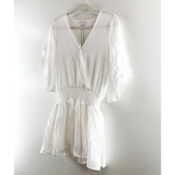 Miou Muse 3/4 Sleeve Surplice V-Neck Cover-Up Mini Dress Gauze White Small - Picture 6 of 8